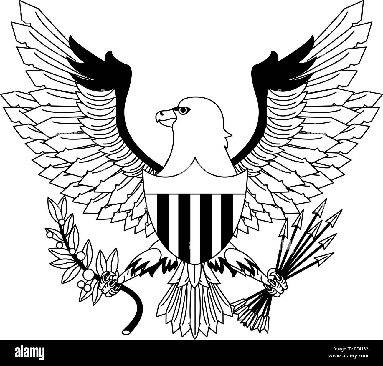 Eagle avec des flèches et des feuilles en noir et blanc Illustration de Vecteur