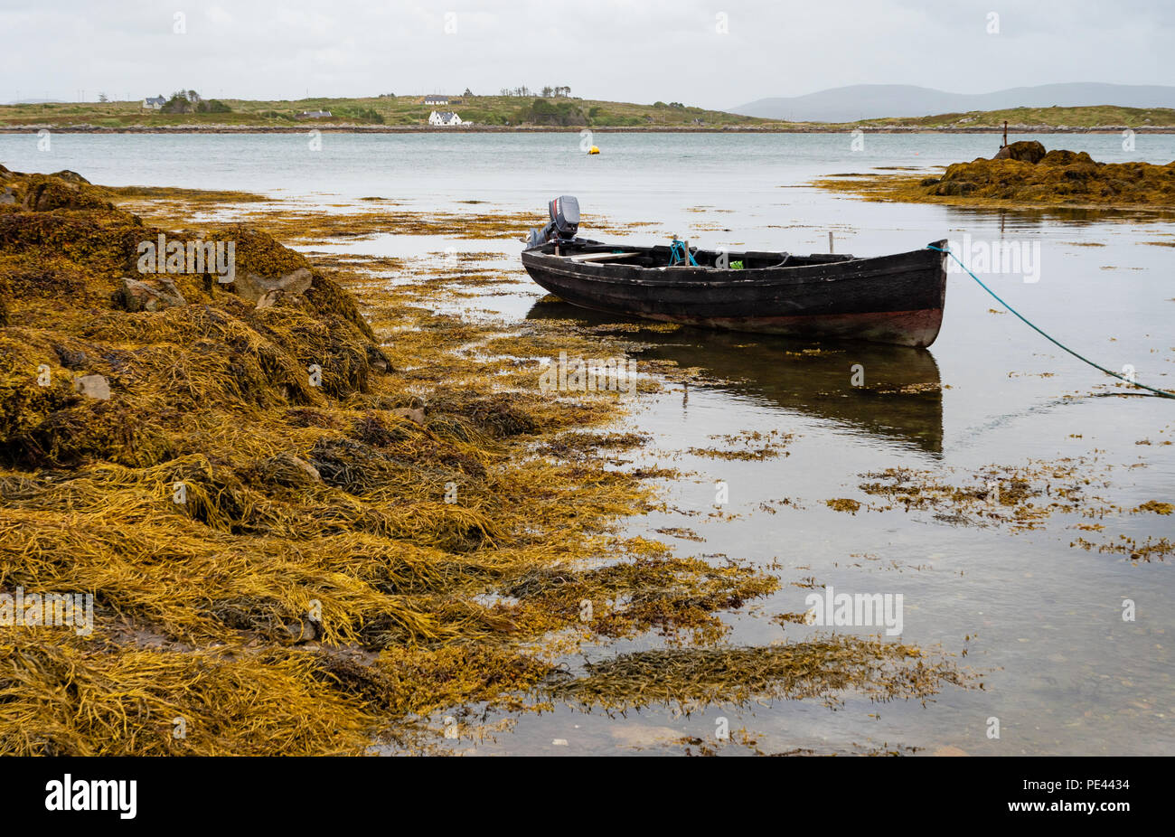 Petit bateau à rames à marée haute dans l'alque de Roundstone Harbour sur la côte du Connemara en Irlande Banque D'Images