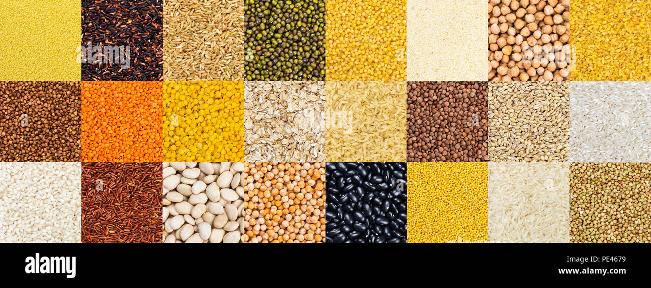 Collection de différentes céréales, céréales, riz et haricots différents. Banque D'Images