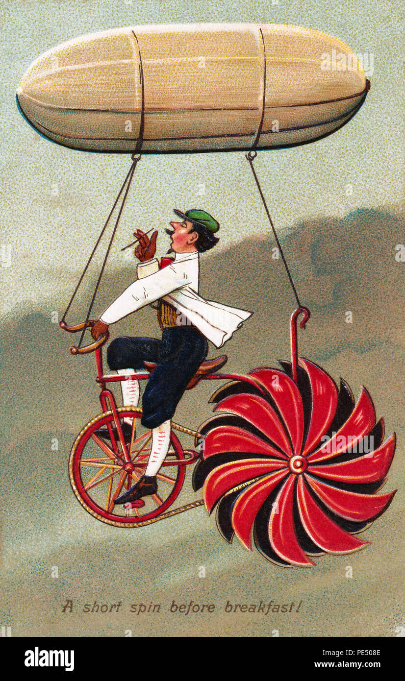 Vintage, humoristique, Edwardian postcard intitulée "Une vrille avant le petit déjeuner." Il montre un début de l'aviator pédaler un petit dirigeable. Banque D'Images