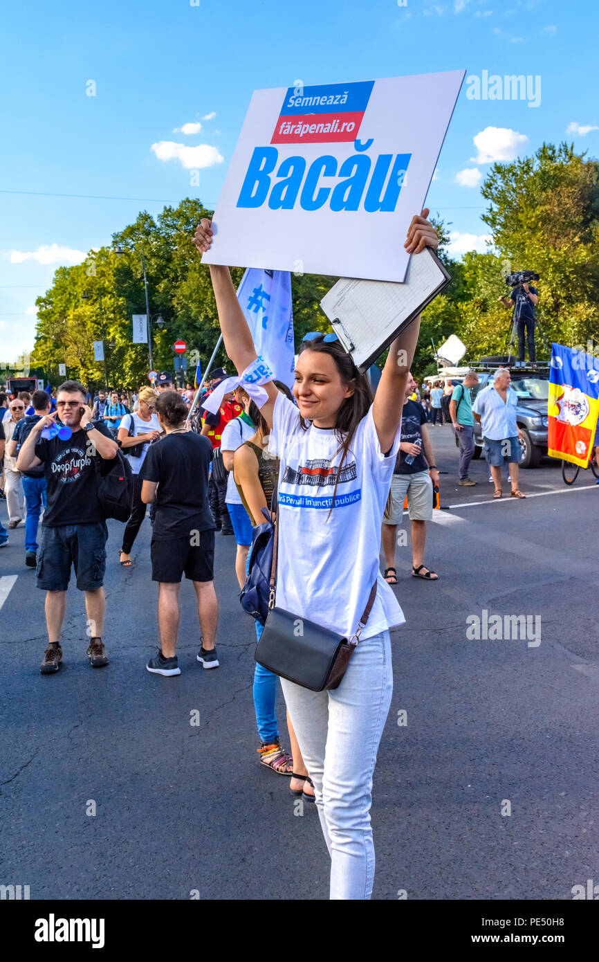 Bucarest, Roumanie - 10 août 2018 : Jeune femme à la recherche de personnes, à l'initiative d'un sighn pour modifier la contitution protester contre la Diaspora au cours de Banque D'Images