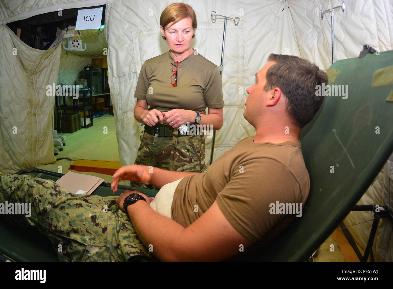 CAMP PENDLETON, en Californie (oct. 9, 2015) La Marine américaine Utilitiesman 2e classe Samuel Kellogg joue un patient simulé lors d'une maquette avec des soldats de l'armée britannique dans le cadre de l'opération Serpent intégré. Le deuxième exercice du genre, l'exploitation Serpent intégré est conçu pour promouvoir les relations militaires, accroître la conscience culturelle et améliorer la formation et la compréhension de l'autre a les capacités médicales. (U.S. Photo de la marine par le Lieutenant Eric S. Vorm/libérés) Banque D'Images