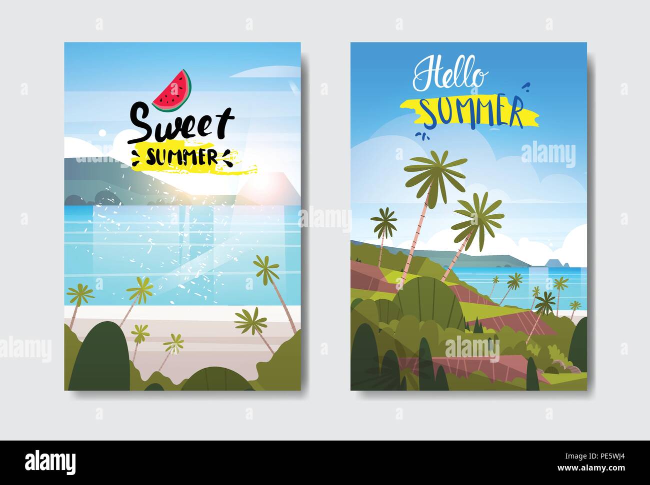 Définir l'été paysage tropical beach sunrise Label Design badge vacances saison lettrage pour les modèles logo carte de voeux invitation affiches et estampes Illustration de Vecteur