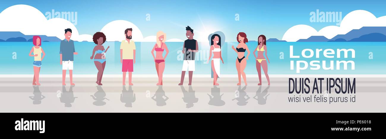 Groupe de personnes de race mix sur sunrise beach vacances balnéaires vacances d'été espace copie bannière horizontale télévision Illustration de Vecteur