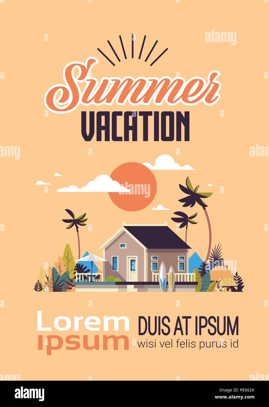 Grande villa d'été chambre surf board parapluie palmiers coucher de carte de souhaits poster vertical modèle lettrage copie espace télévision Illustration de Vecteur