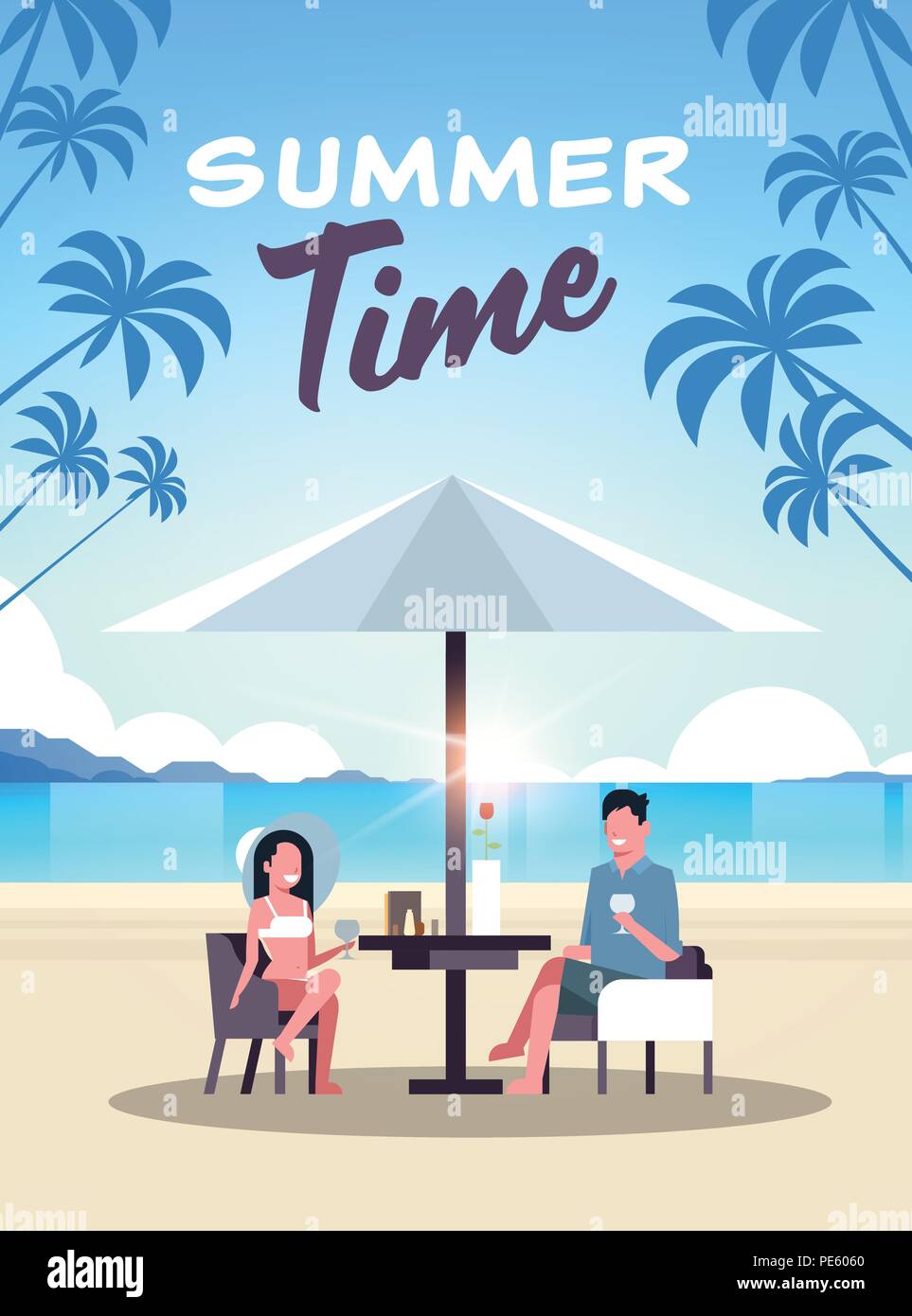 Vacances d'été couple homme femme boire du vin parapluie sur sunrise beach tropical island télévision verticale Illustration de Vecteur