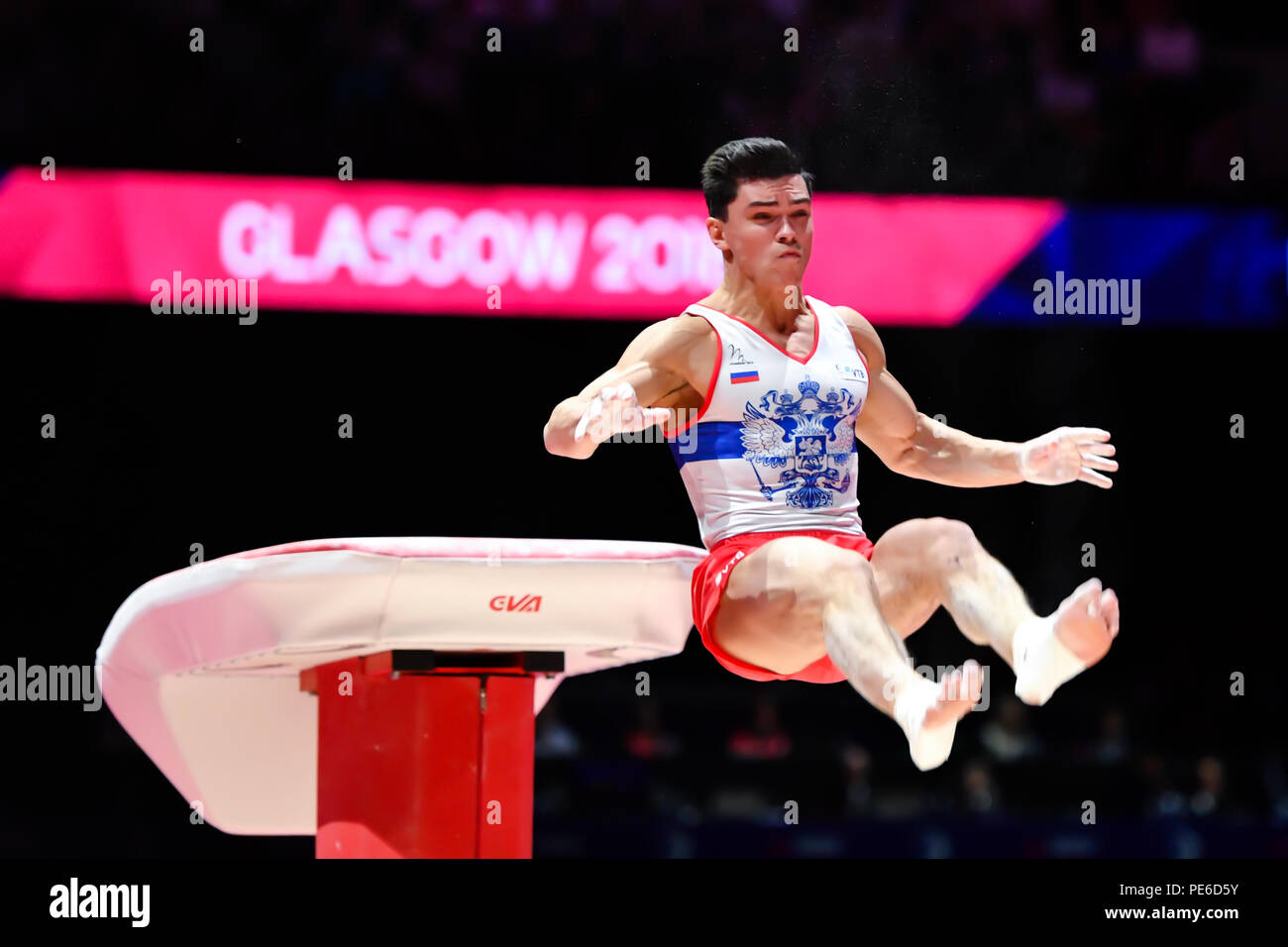 Glasgow, Ecosse, Royaume-Uni. 12 août 2018. DALALOYAN Artur (RUS) en concurrence sur la voûte en gymnastique artistique masculine pendant la finale de l'appareil European Championships 2018 Glasgow à l'Hydro SSE le dimanche, 12 août 2018. GLASGOW EN ÉCOSSE. Credit : Taka G Wu Banque D'Images