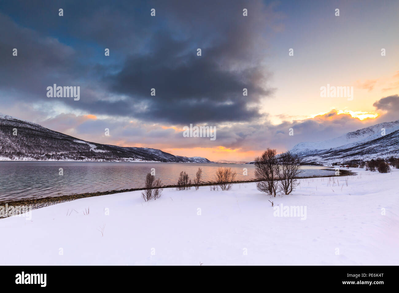 Côte norvégienne typique avec des roches à marée basse à un fjord, comté de Troms, Norvège. Le soleil est bas au-dessus de l'horizon, le ciel obscurci. C Montagnes Banque D'Images