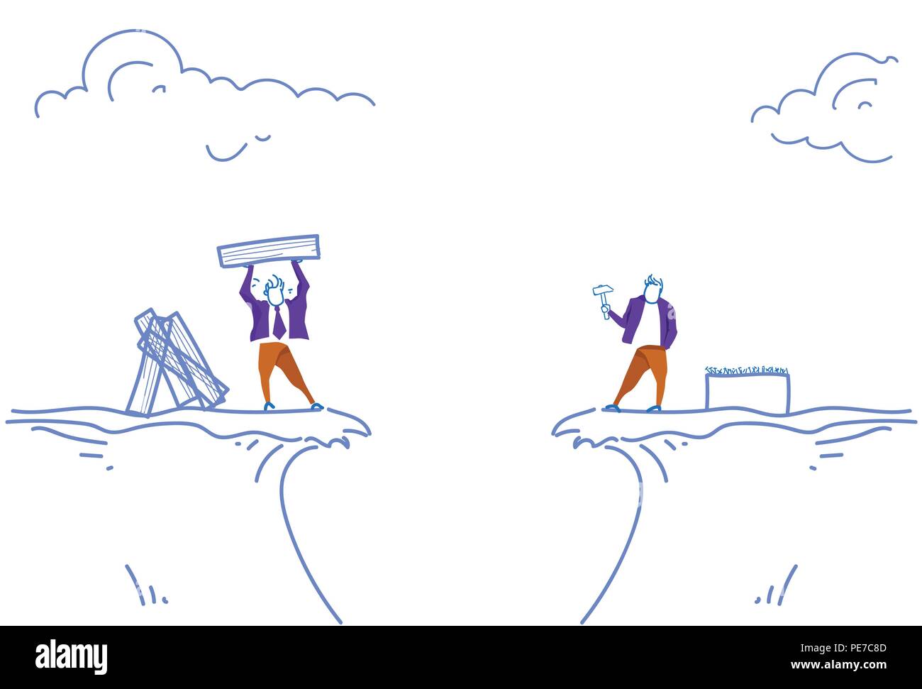 Deux hommes d'un marteau de boucher les ongles concept bâtiment conseil entre montagne abîme business problème solution doodle croquis horizontale Illustration de Vecteur