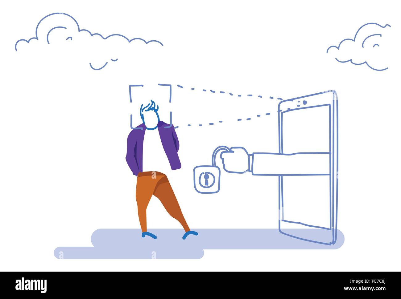 Numérisation smartphone face homme cadenas identification id déverrouiller la reconnaissance de l'autorisation de l'accès mobile app businessman concept croquis silhouette doodle Illustration de Vecteur