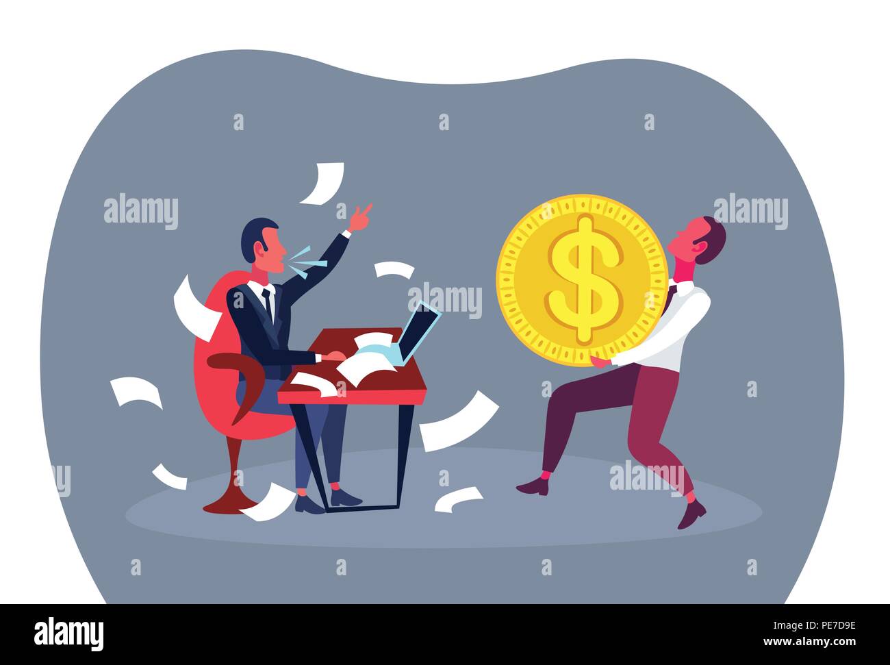 Séance de travail bureau boss woman transporter pièce d'un dollar d'équipe concept personnage plate horizontale pleine longueur Illustration de Vecteur