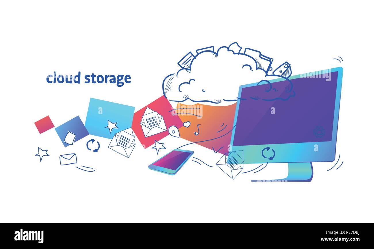 Data cloud storage computer app synchronisation en ligne Base de données de sécurité horizontale doodle croquis concept Illustration de Vecteur