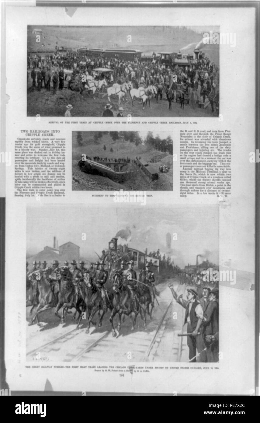 L'arrivée du premier train à Cripple Creek sur la Florence et Cripple Creek Railroad, Juillet 1, 1894. Accident de train sur son voyage de retour. La grande grève des chemins de fer, la première viande Banque D'Images