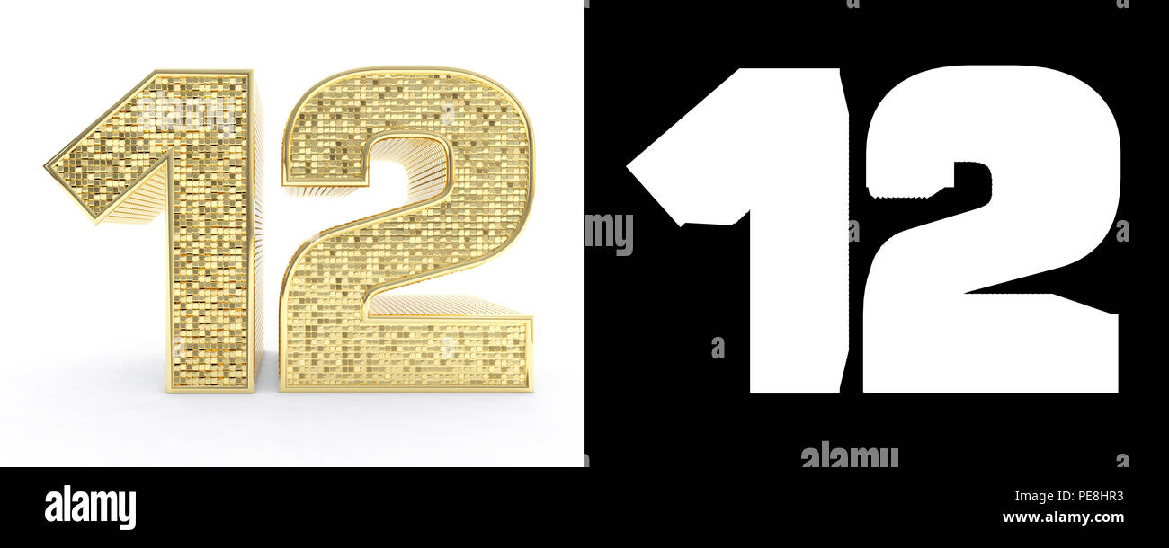 Nombre d'or de douze (12) sur fond blanc avec ombre portée et canal alpha. 3D illustration. Banque D'Images
