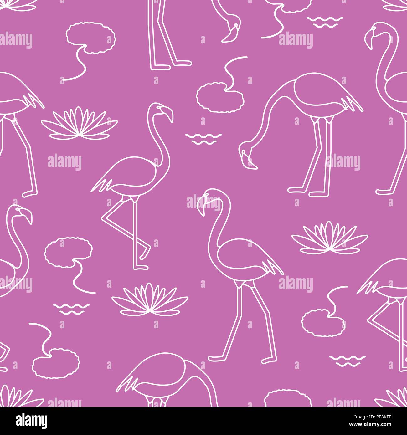 Modèle sans couture avec Flamingo, les fleurs et les feuilles des nénuphars. Conception pour poster ou imprimer. Illustration de Vecteur