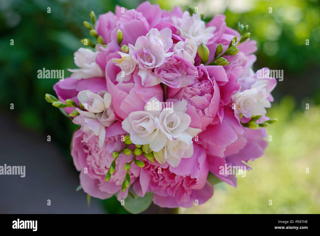 Bouquet de mariage fleurs Magenta dispose de grandes pivoines, freesias blancs et de verdure Banque D'Images