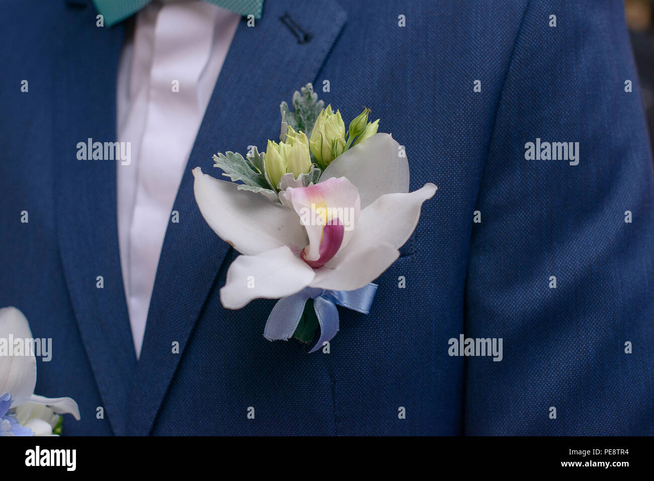 Boutonnière orchidée fraîche épinglée sur un homme marié ou une veste, d' accessoire masculin traditionnel pour les mariages, souvent jumelé avec le  bouquet de mariée Photo Stock - Alamy