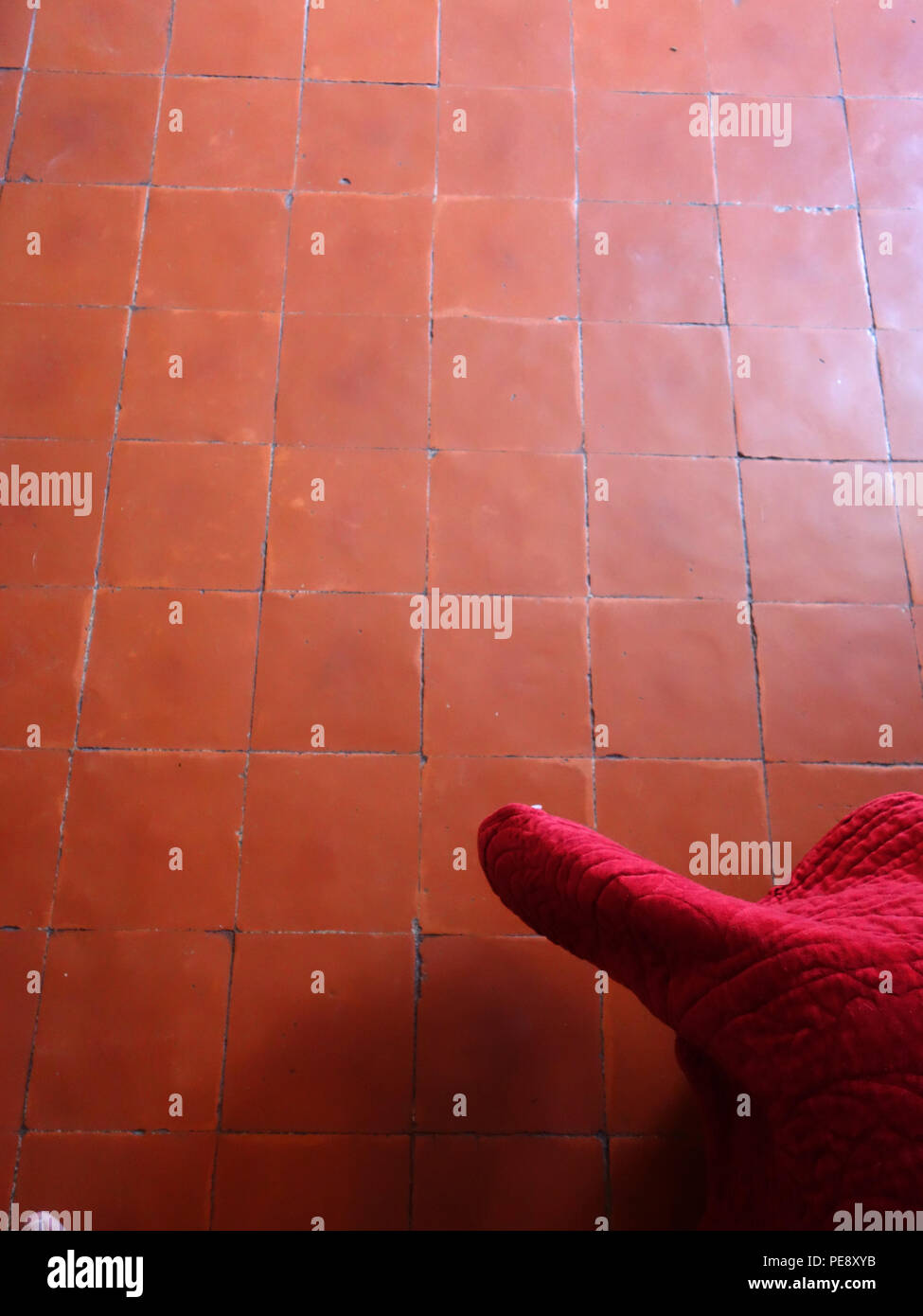 Carreaux de sol rouge dans une chambre d'une grande maison de village français montrant coin d'un lit d'en haut Banque D'Images