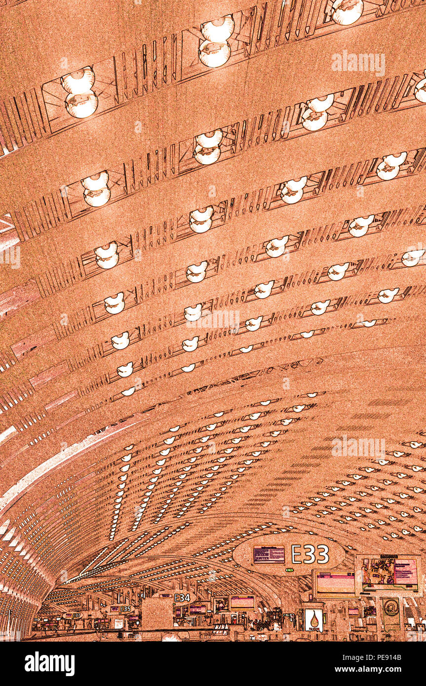 L'intérieur de la borne E Paris Charles-de-Gaulle, l'aéroport international de Roissy, France Banque D'Images