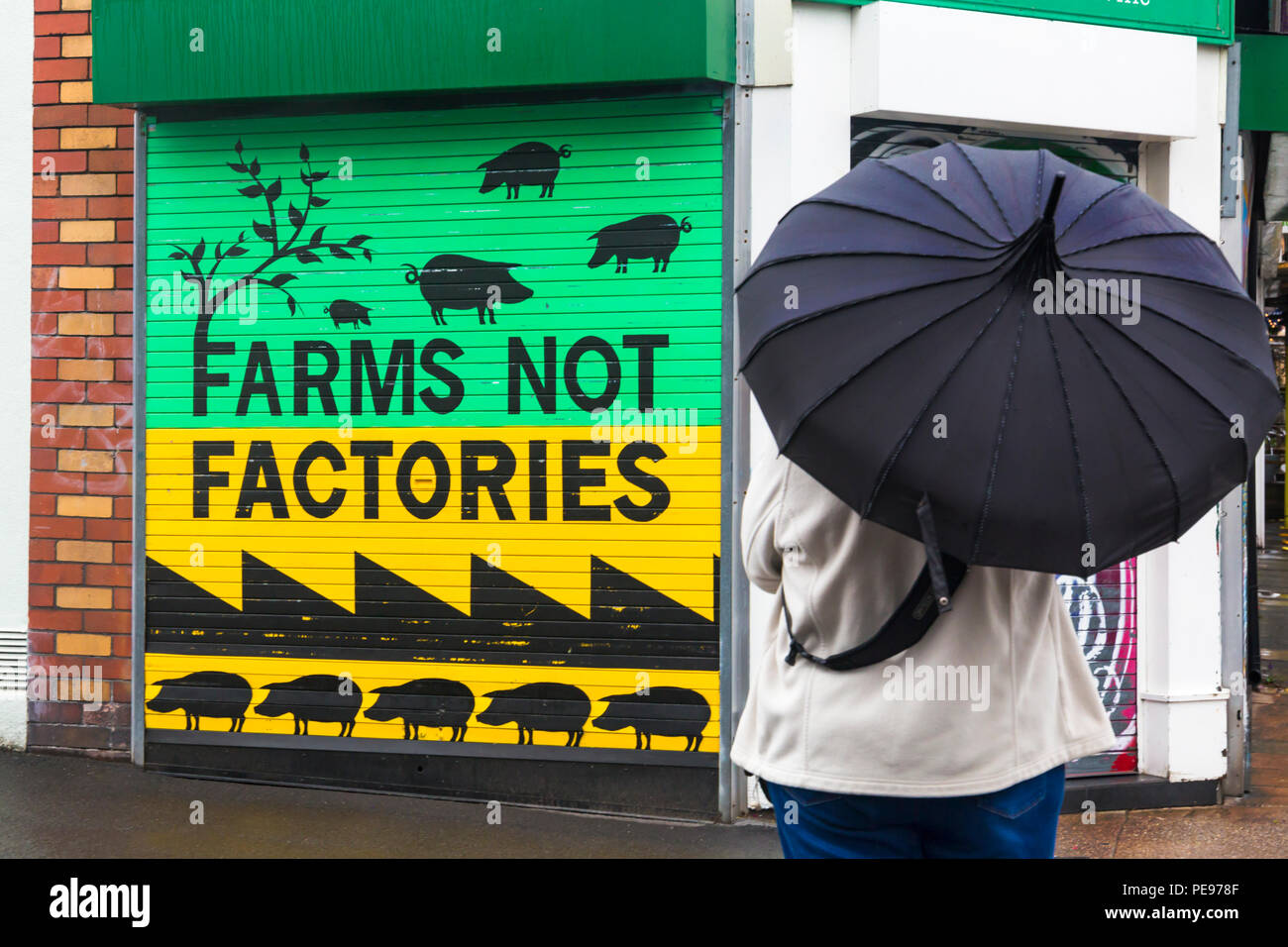 Femme avec parapluie par fermes Usines pas l'art de rue sur le côté de la viande saignante bouchers de Southville, North Street, Bristol sur un jour de pluie en août Banque D'Images