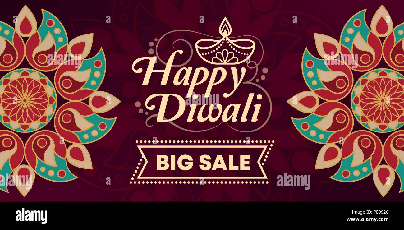 Happy Diwali vente promotionnelle avec bannière conception Rangoli et lampe Illustration de Vecteur