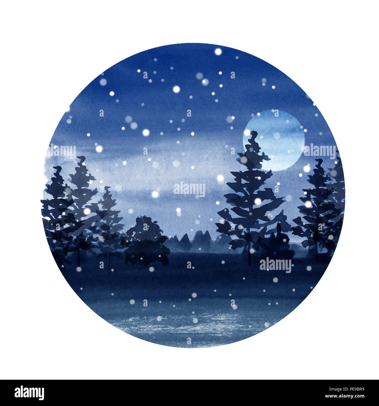 Aquarelle paysage avec lune d'hiver et de la neige Banque D'Images
