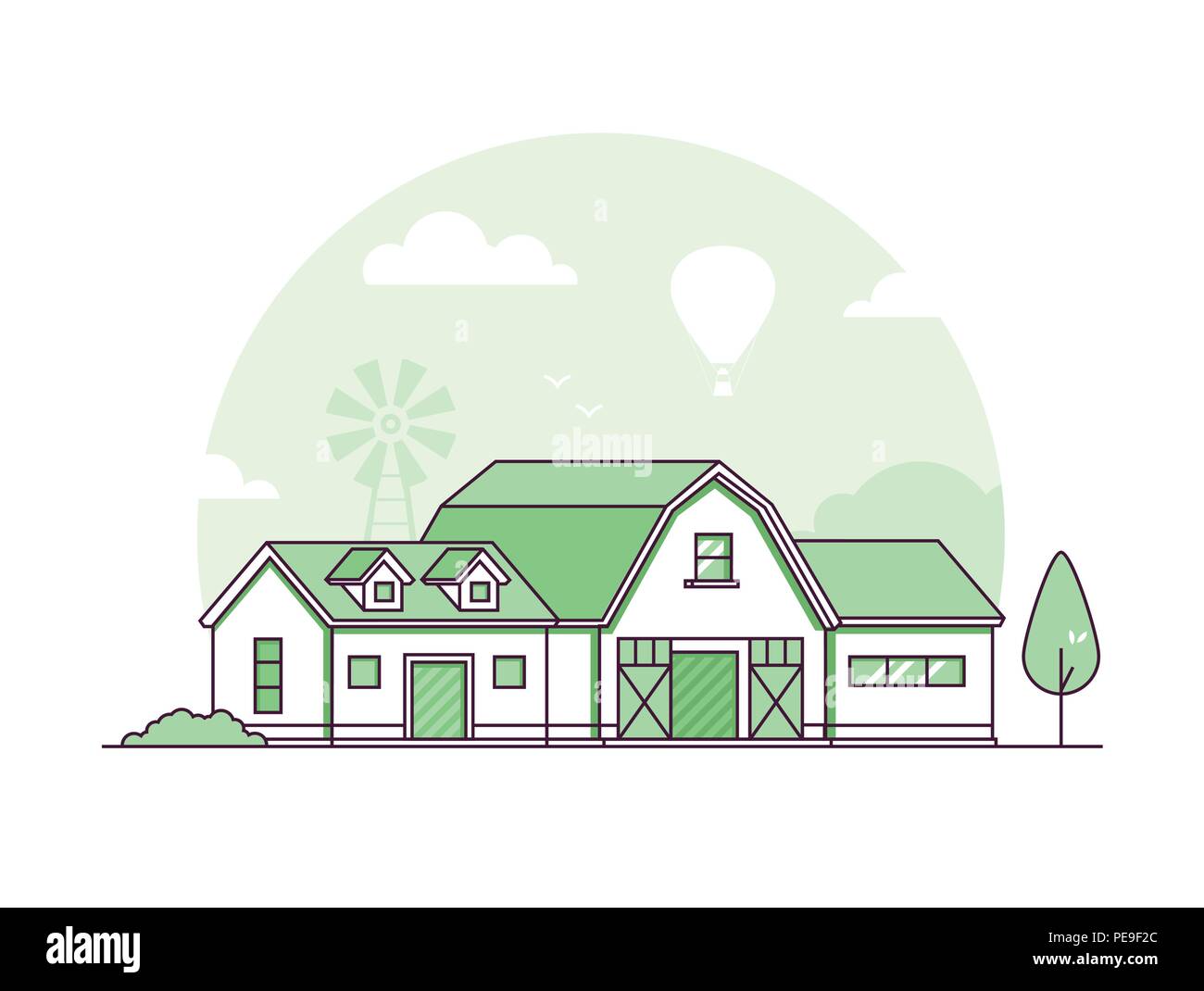 Ferme - ligne fine moderne style design vector illustration sur fond blanc. De couleur vert paysage rural de haute qualité avec un moulin, grange, arbre, Illustration de Vecteur