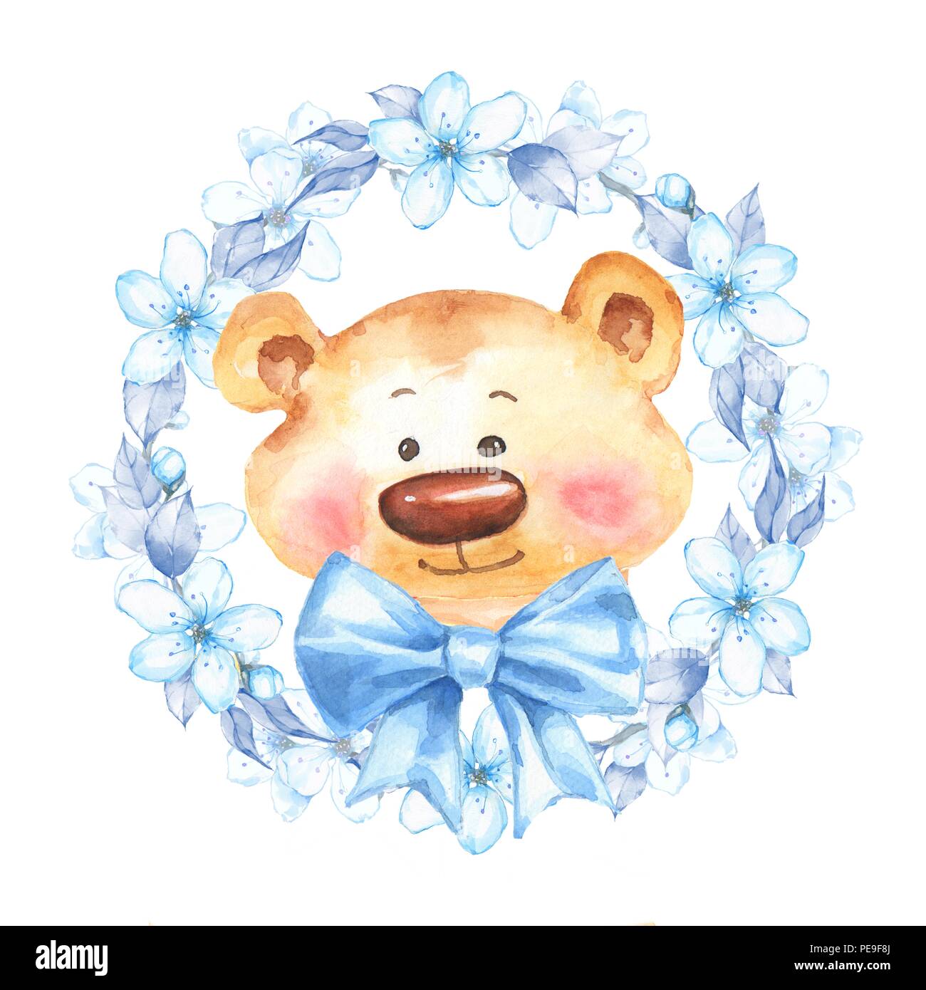 Ours en peluche avec floral frame. Illustration à l'aquarelle Banque D'Images