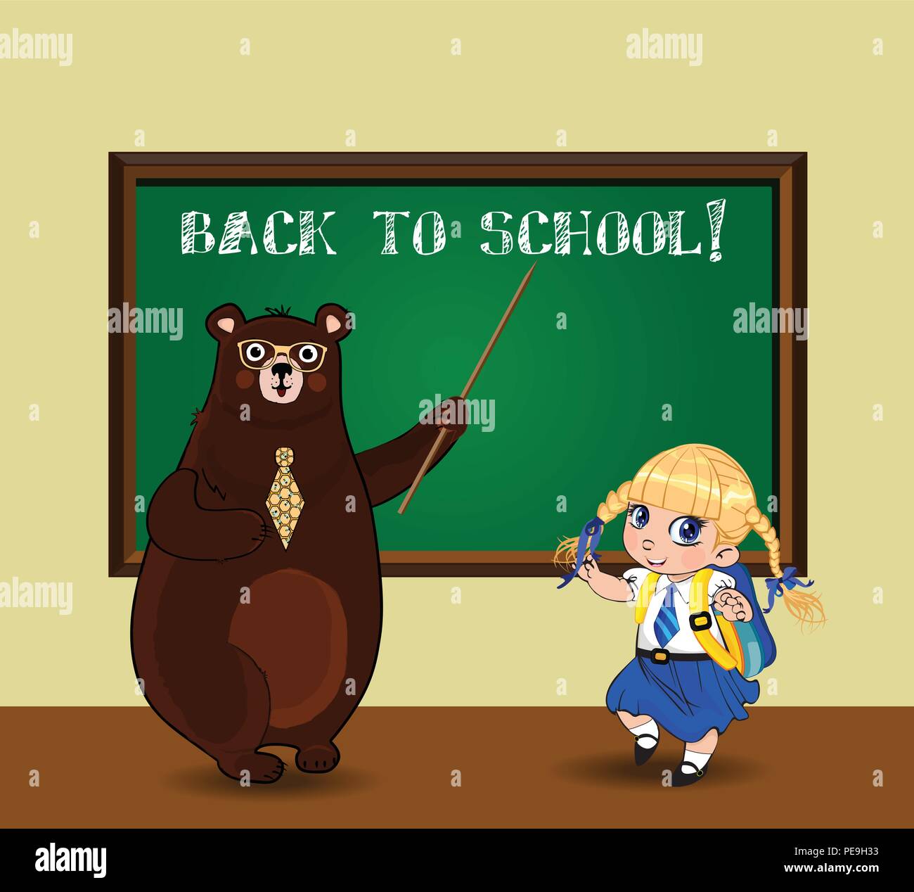 Retour à l'école avec illustration vectorielle cute cartoon enseignant de l'ours à lunettes et cravate tenue écolière kawaii et pointeur en uniforme associés aux familles blackberry près de Illustration de Vecteur