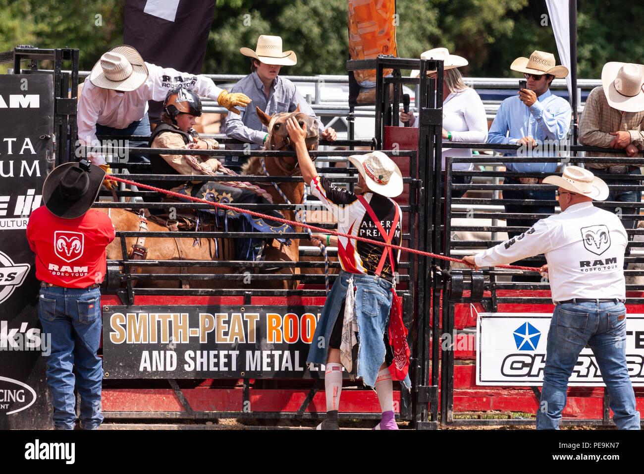 Cow-boys professionnels concurrence dans la selle bronc partie de la Ram 2018 Rodeo Tour à Exeter, Ontario, Canada. Banque D'Images