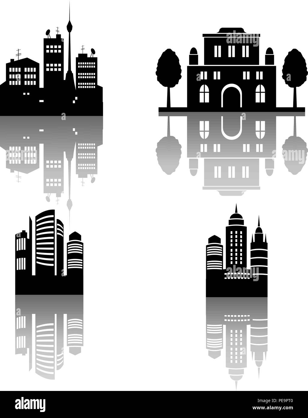 Quatre silhouettes de la ville avec des réflexions. Vector illustration. Eps 10 Illustration de Vecteur