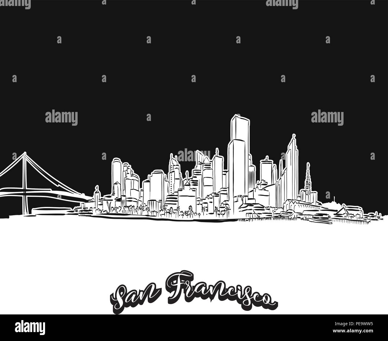 Dessin vectoriel d'horizon de San Francisco, contour. USA voyages monument. Couvercle noir et blanc et l'arrière-plan concept. Illustration de Vecteur