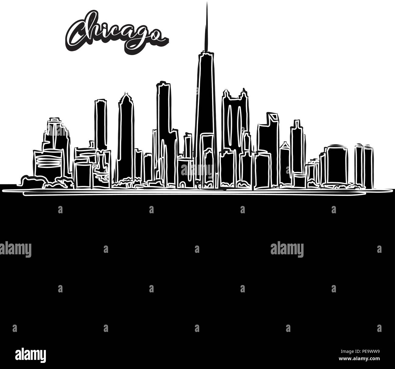 Dessin vectoriel d'horizon de Chicago, contour. USA voyages monument. Couvercle noir et blanc et l'arrière-plan concept. Illustration de Vecteur