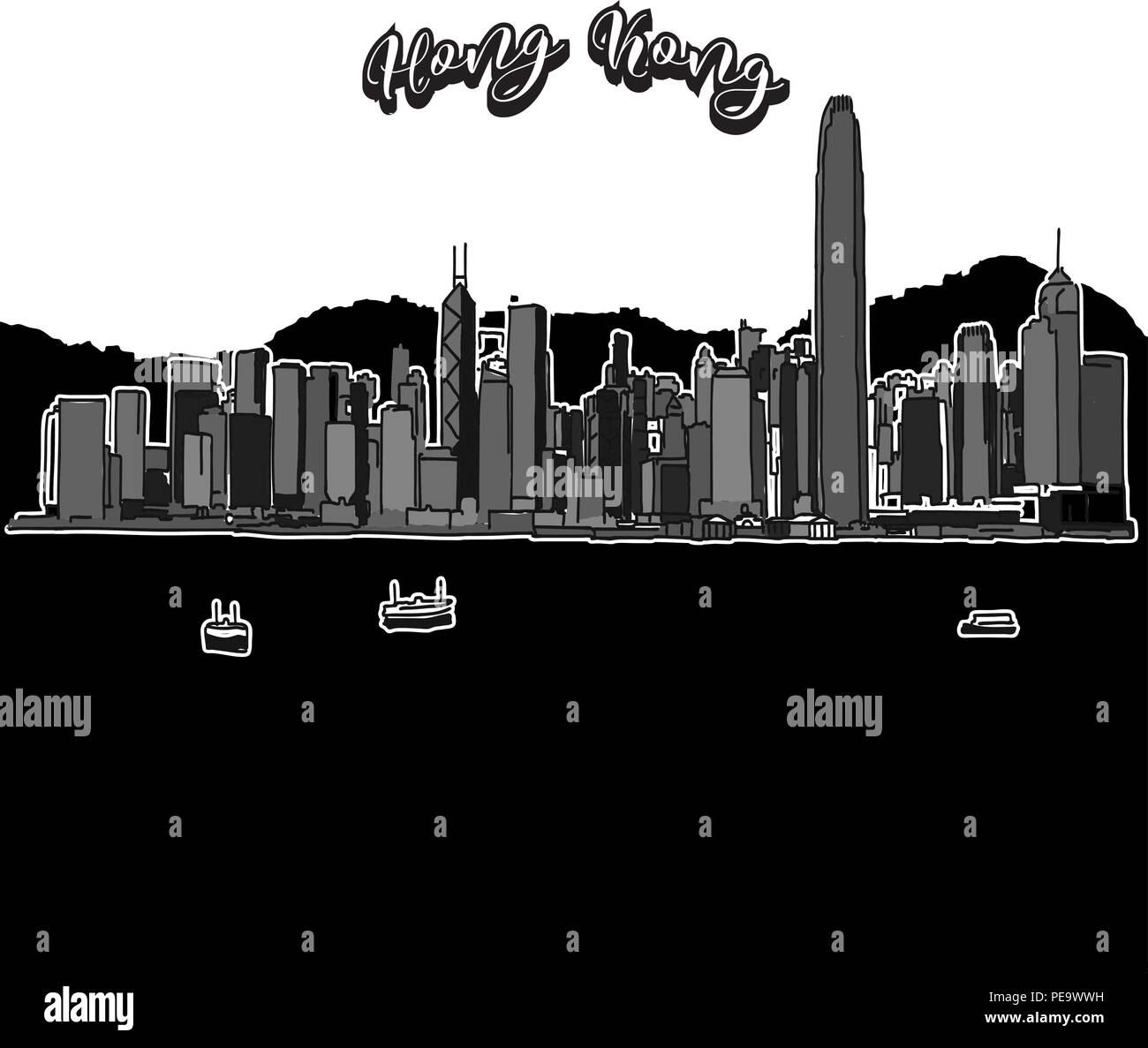 Dessin vectoriel d'horizon de Hong Kong, de contour. Monument de voyage en Chine. Couvercle noir et blanc et l'arrière-plan concept. Illustration de Vecteur