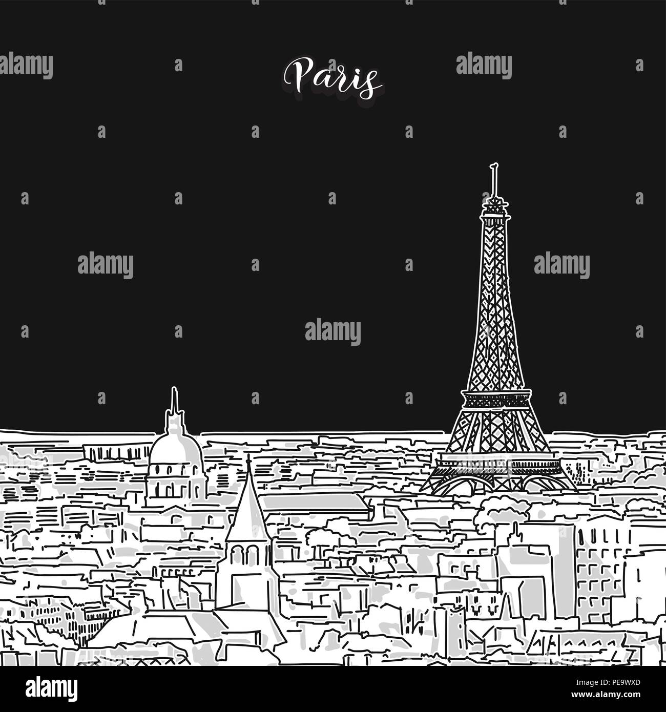 Dessin vectoriel des toits de Paris, contour. France travel monument. Couvercle noir et blanc et l'arrière-plan concept. Illustration de Vecteur