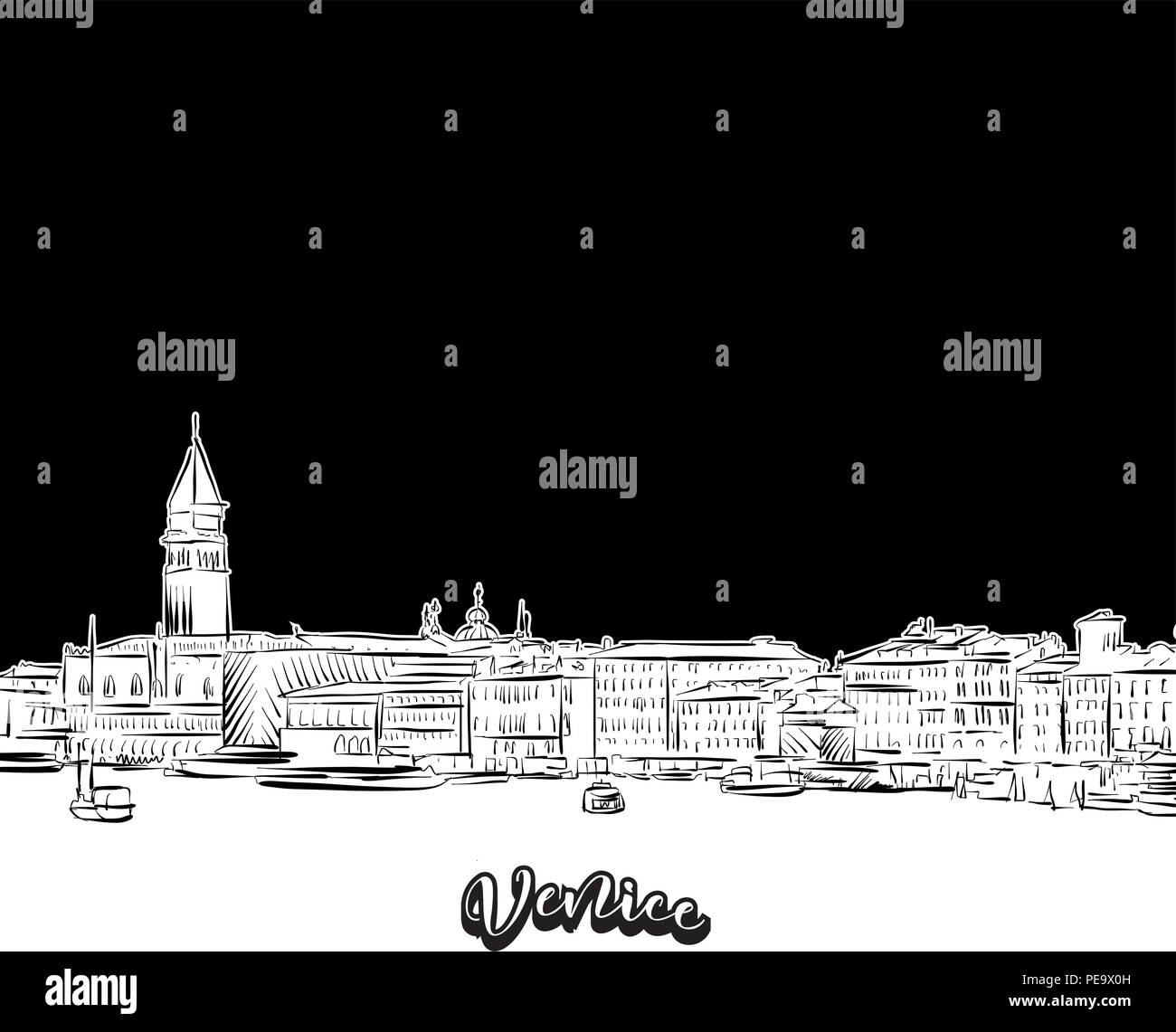 Toits de Venise, contour. Dessin vectoriel de Skyline, contours, Italie. Concept illustration noir et blanc. Illustration de Vecteur
