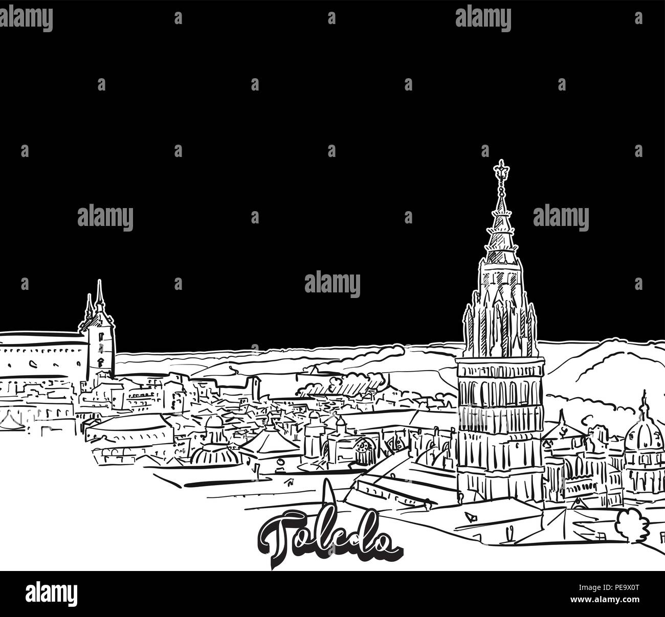 Toits de Tolède, contour. Dessin vectoriel de Skyline, contours, Espagne. Concept illustration noir et blanc. Illustration de Vecteur