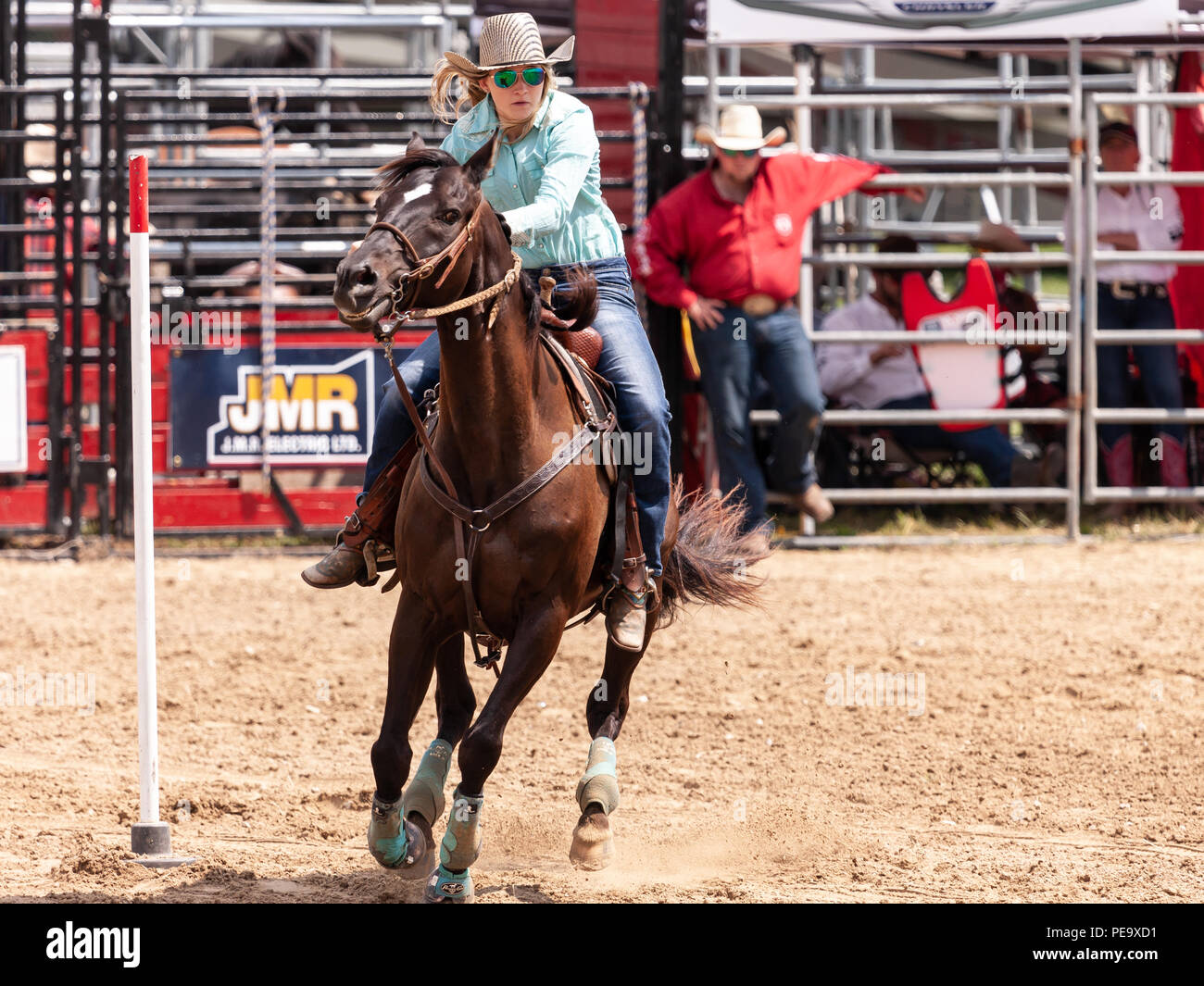 Cowgirls guider leurs quarterhorses dans le poteau de fibres au cours de la Ram Rode Tour à Exeter, Ontario, Canada. Banque D'Images