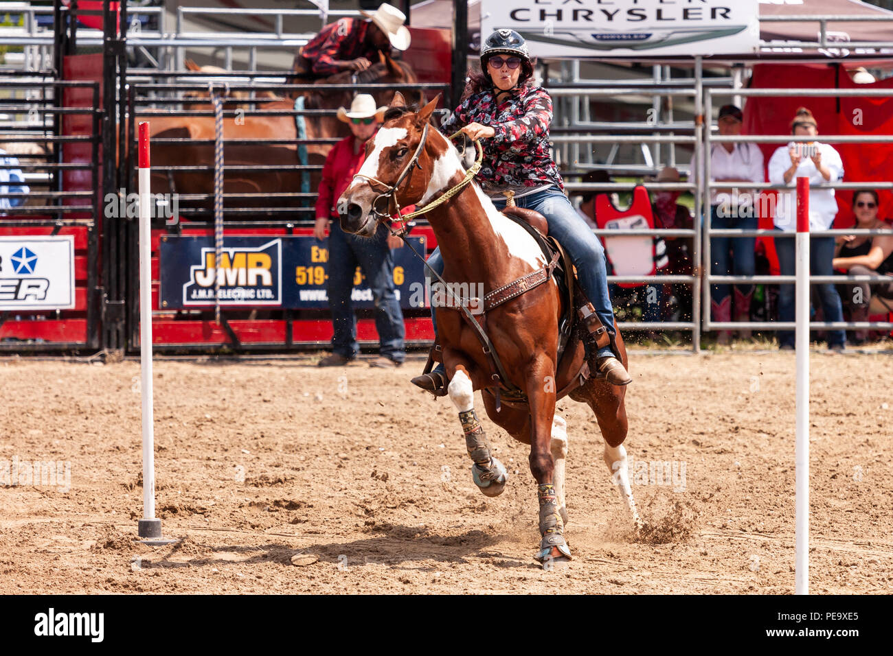 Cowgirls guider leurs quarterhorses dans le poteau de fibres au cours de la Ram Rode Tour à Exeter, Ontario, Canada. Banque D'Images