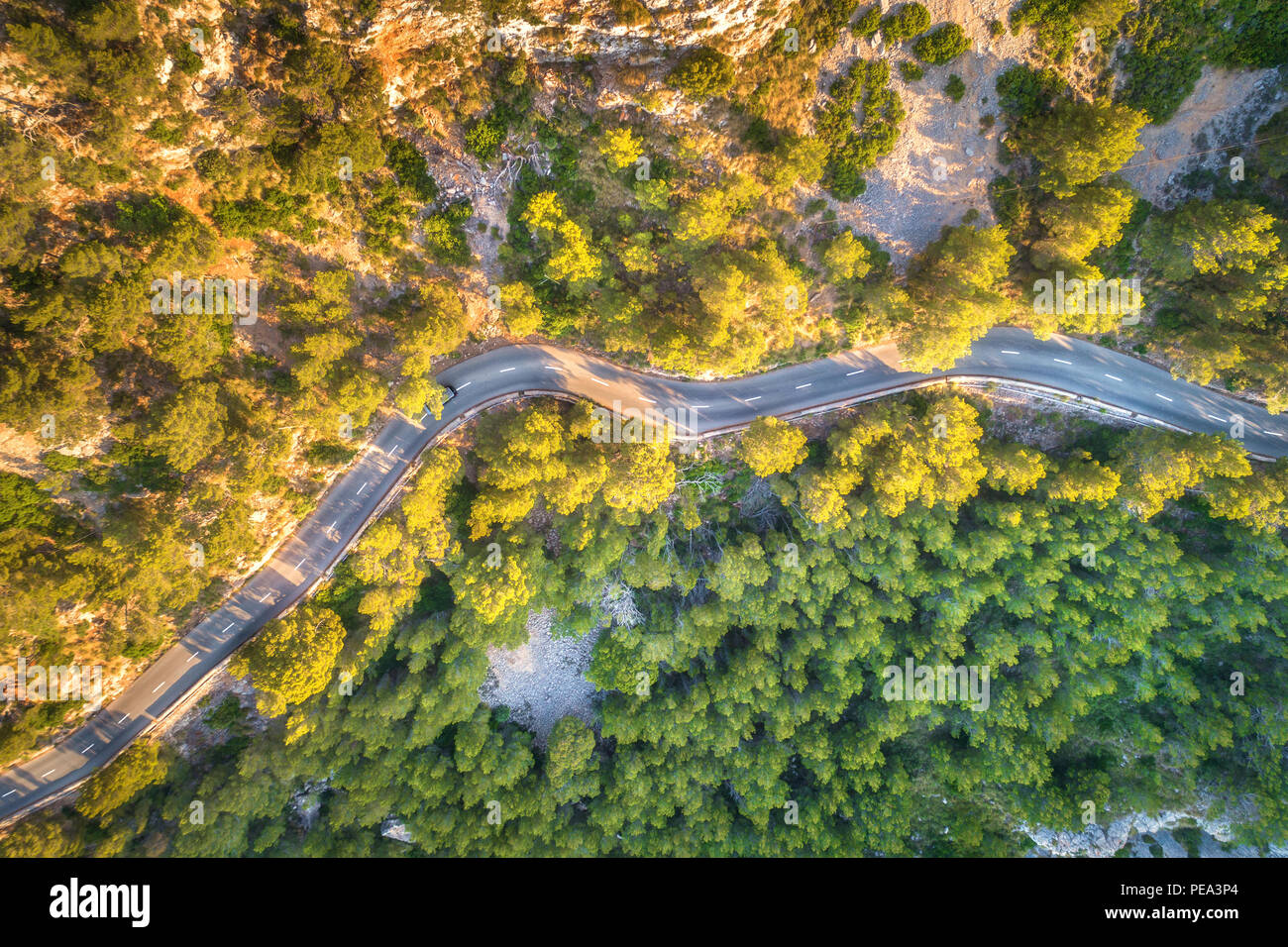 Vue aérienne de la courbe de la montagne avec des voitures de route, forêt verte au coucher du soleil en été en Europe. Paysage avec la route d'asphalte, des arbres sur les rochers. L'autoroute thr Banque D'Images
