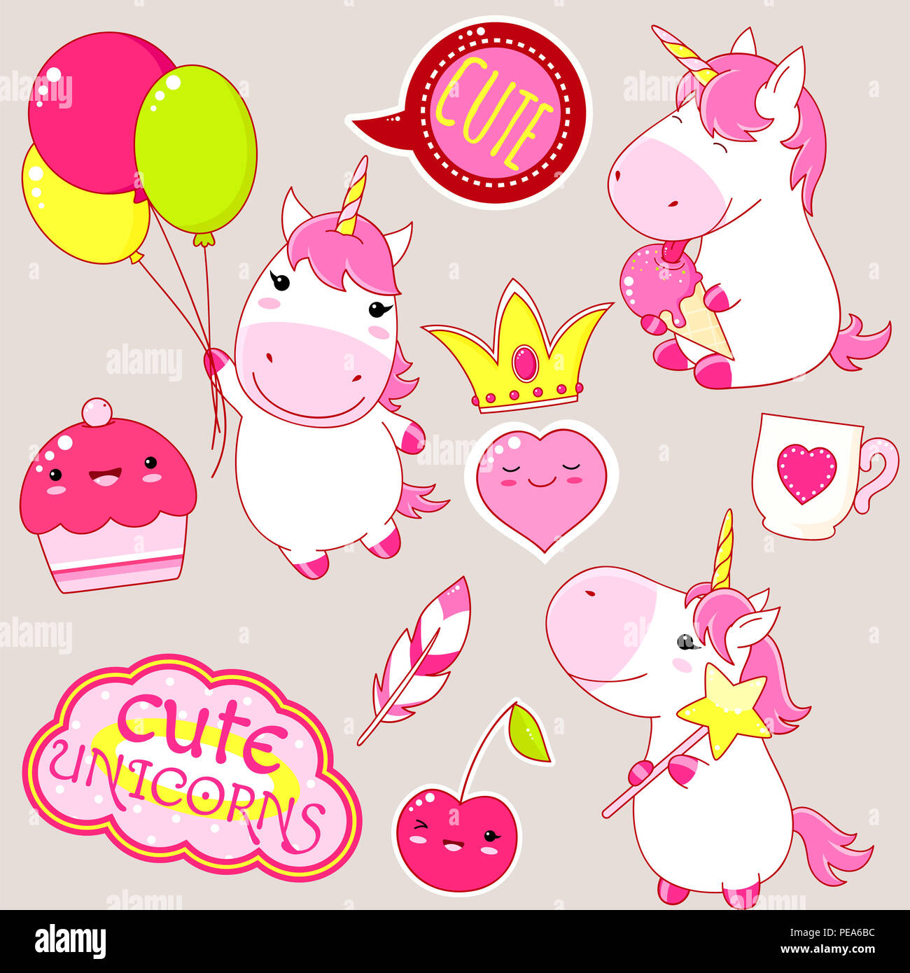 Ensemble de style kawaii cute dans les licornes. Avec Unicorn Magic wand, ballon et la crème glacée, plante en pot, couronne, tasse, plume, cherry, autocollant avec dans Banque D'Images