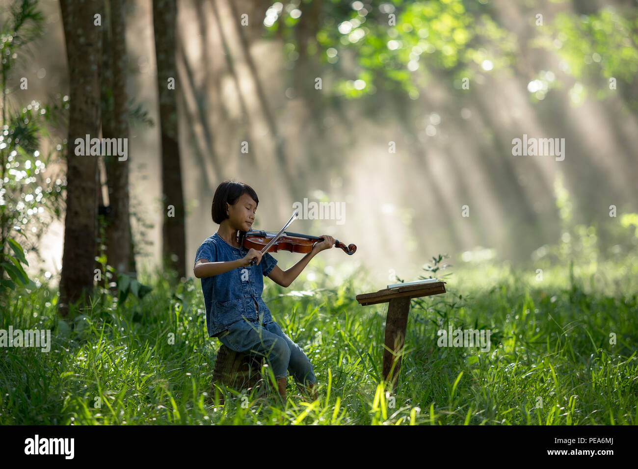 La jeune fille jouit de jouer du violon ou de jouer sa musique à l'état sauvage. Banque D'Images