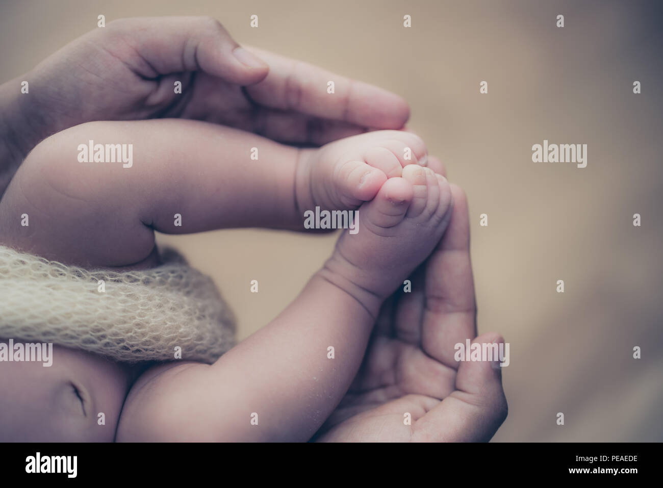 Pieds D Un Bebe Nouveau Ne Dans Les Mains Des Parents Oncept De Famille Heureuse Maman Et Papa Hug Leurs Jambes Du Bebe Photo Stock Alamy