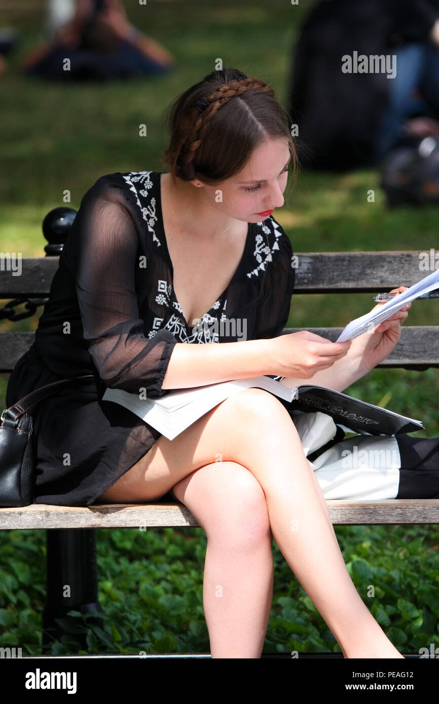 NEW YORK, NY - 05 SEPTEMBRE : Jeune femme blanche d'étudier un livre, assis sur un banc à Washington Square Park, à Manhattan, le 5 septembre 2016 à N Banque D'Images