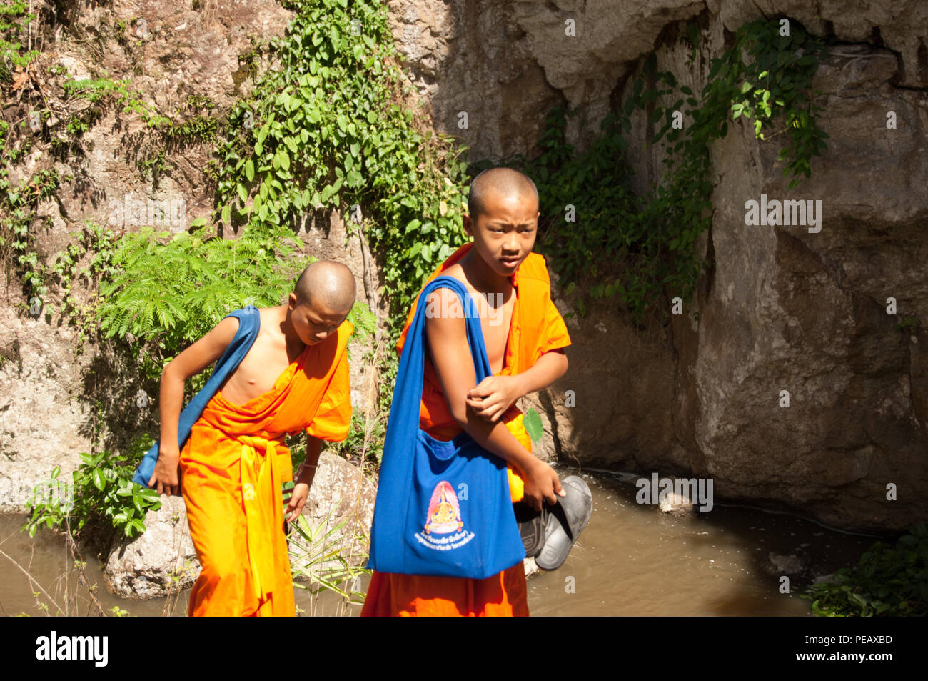 Deux jeunes moines novices balade à Chiang Mai Banque D'Images