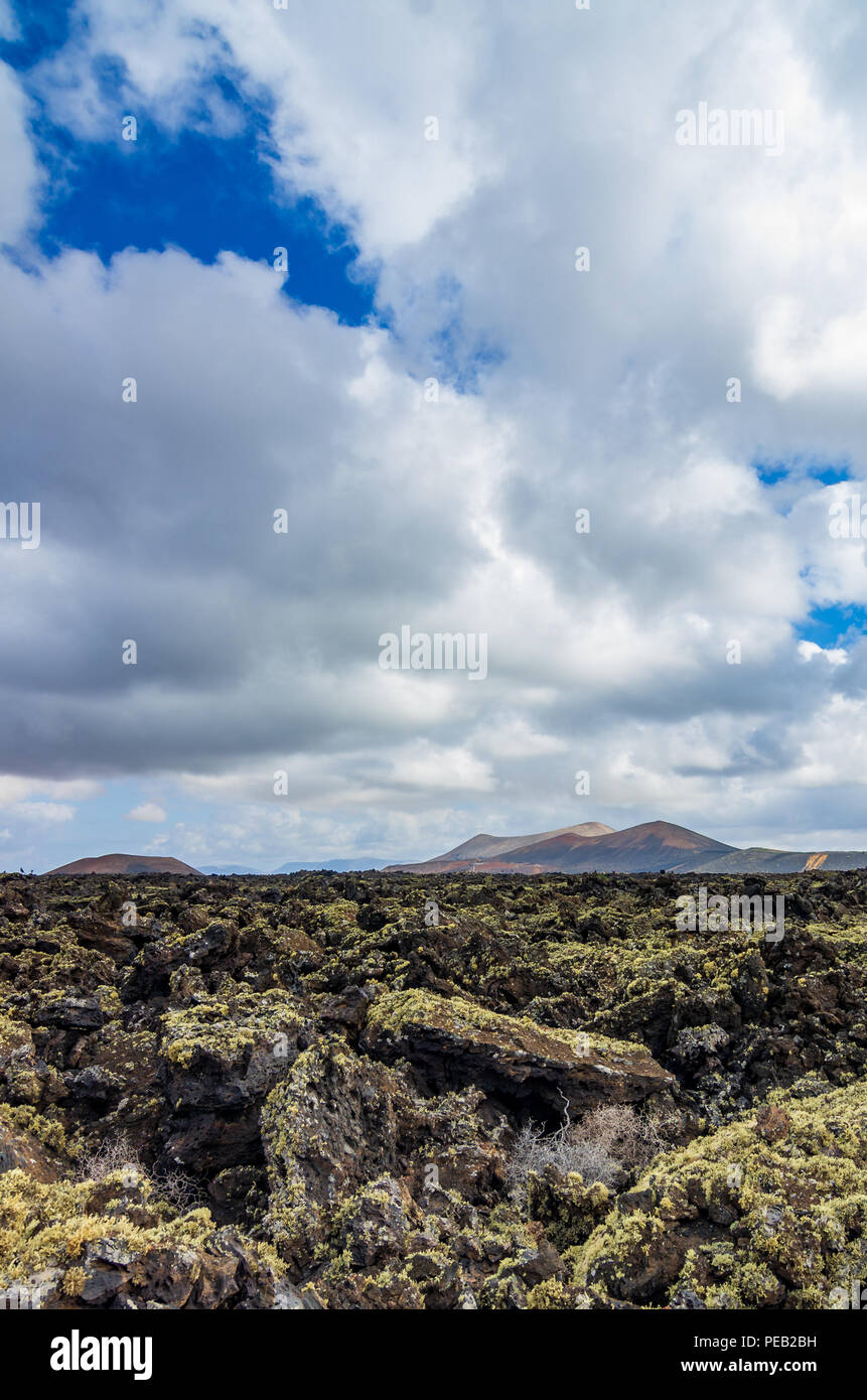 Vue sur un champ de lave sur Lanzarote avec les volcans en arrière-plan, îles Canaries, Espagne Banque D'Images