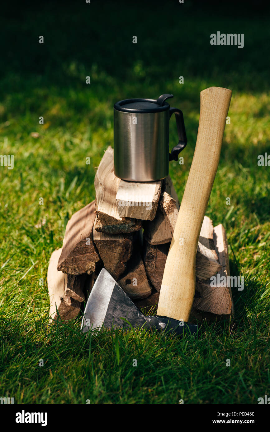 Bouteille thermos sur les tas de bois de chauffage on Green grass in park Banque D'Images