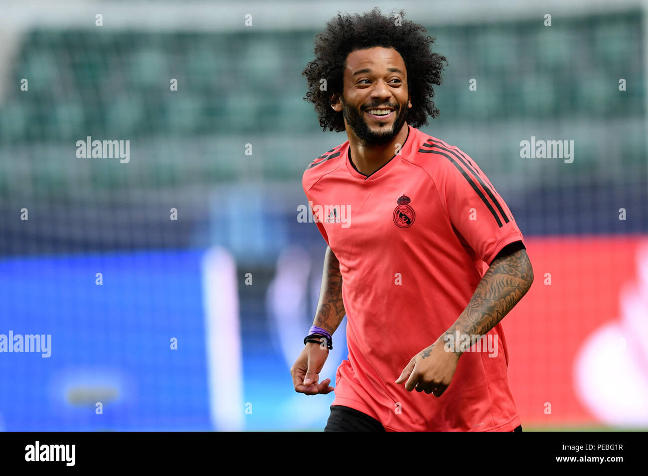 Tallinn, Estonie. Août 14, 2018. Le Real Madrid Marcelo Vieira participe à une séance de formation à l'Lillekula Statium à Tallinn, Estonie, 14 août 2018. La Super Coupe de l'UEFA match entre le Real Madrid et l'Atletico Madrid aura lieu le 15 août à Lillekula Statium à Tallinn, Estonie. Crédit : Sergei Stepanov/Xinhua/Alamy Live News Banque D'Images