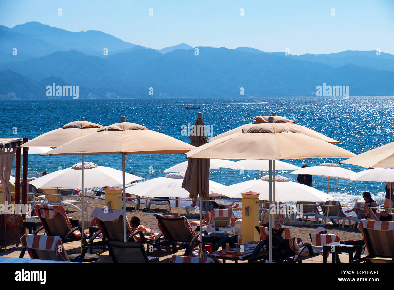 Parasols et chaises de plage ona Beach Resort, Puerta Vallarta, Jalisco, Mexique Banque D'Images