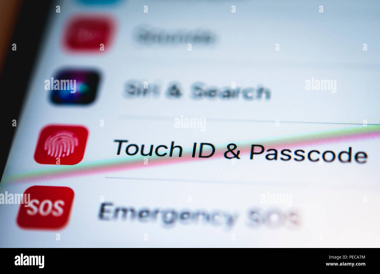 Touch ID et réglages de code affiché sur un iPhone, iOS, smartphone, écran, close-up, détail, Allemagne Banque D'Images